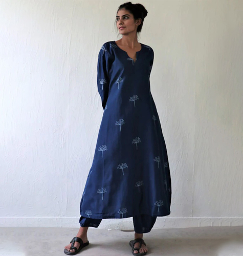 Women Blue Printed Chanderi Silk Kurta with Salwar